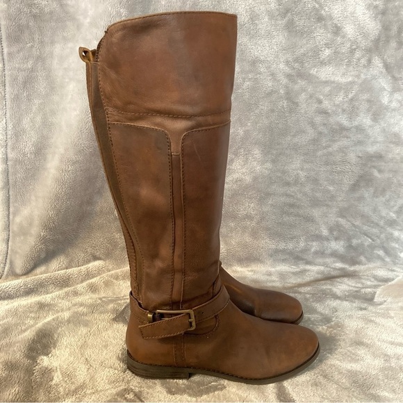 Marc Fisher Aysha Tall Brown Riding Boots Wide Calf Side Zip Leather Size 6.5 - Picture 1 of 15